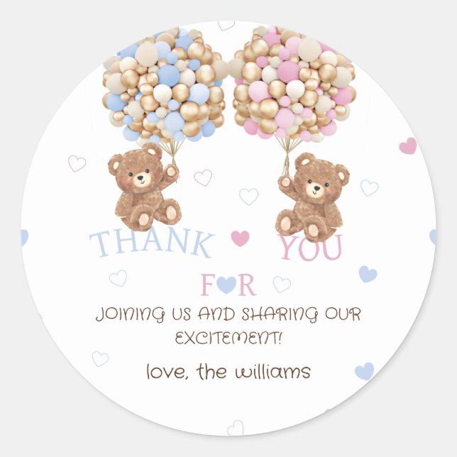 Hearts & Bears Gender Reveal Thank You Classic Round Sticker (Front)