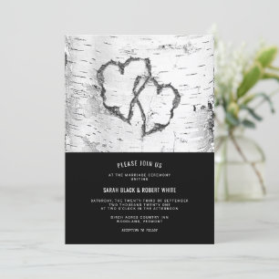 Hearts Birch Tree Bark Rustic Wedding Invitation