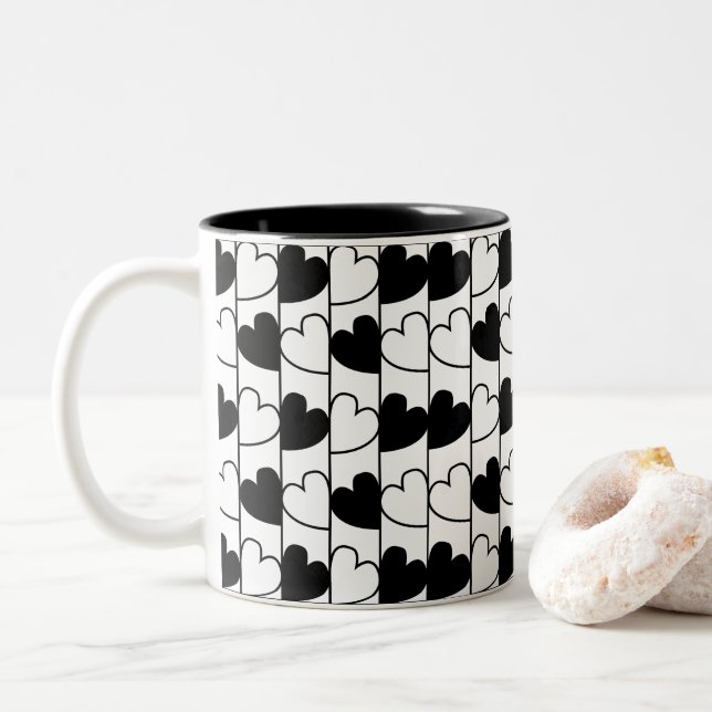 Hearts Black and White Hearts Pattern  Two-Tone Coffee Mug (With Donut)