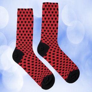 Hearts Black Pattern on Red Background Socks