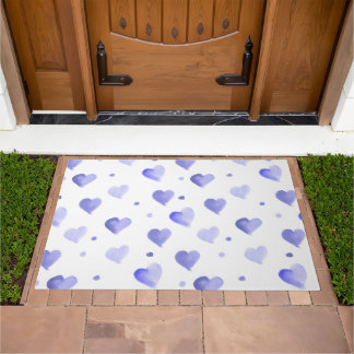 Hearts Blue Watercolor Pattern Doormat