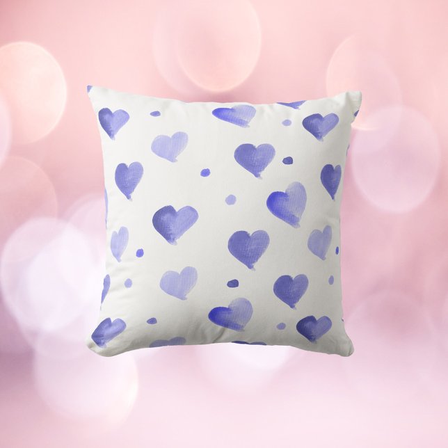 Hearts Blue Watercolor Pattern Throw Pillow (A throw pillow with a cute watercolor heart and polka dot pattern done in blue.)