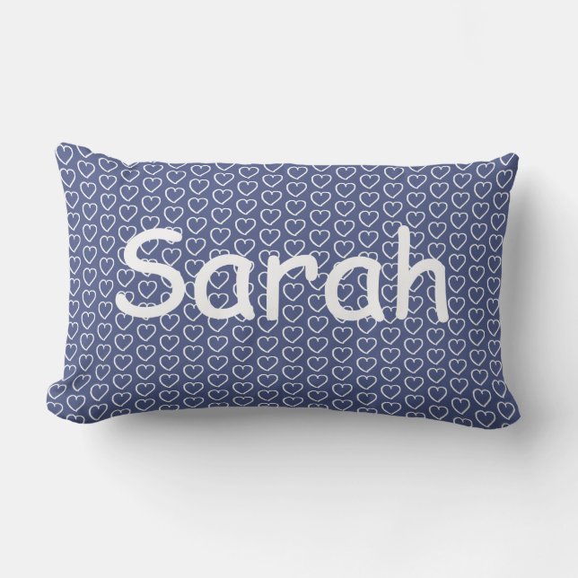 Hearts blue white customizable with name lumbar pillow (Front)