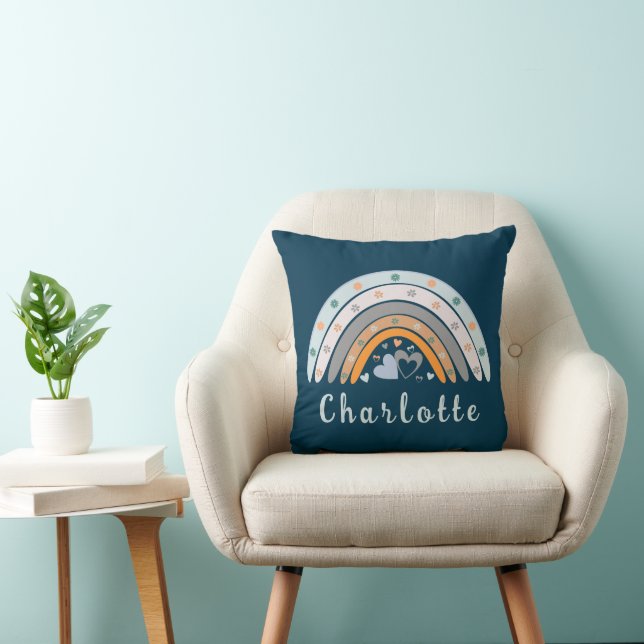 Hearts Boho Rainbow with Personalized Name Throw Pillow (Chair)
