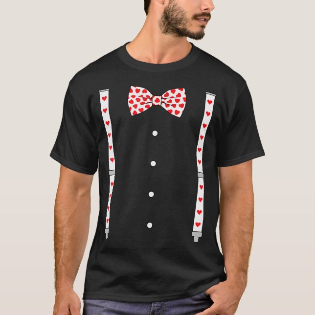 Hearts Bow Tie  Suspenders Valentine'S Day Costume T-Shirt (Front)