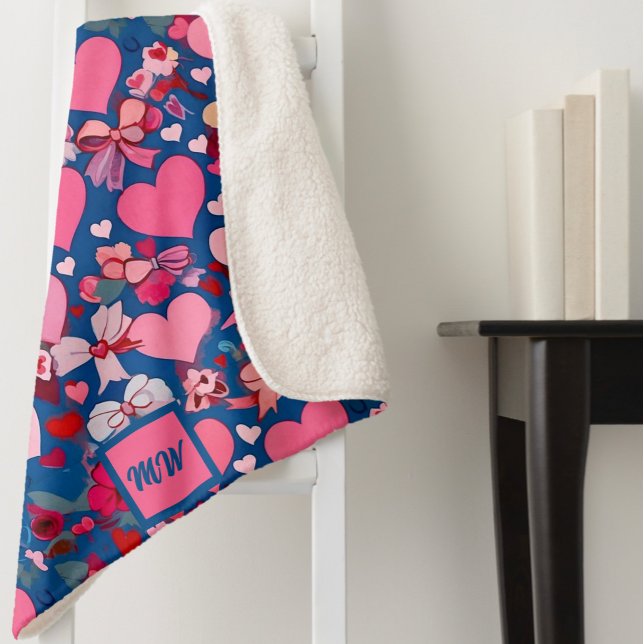 Hearts, bows, floral accents, pastels monogram sherpa blanket (Creator Uploaded)