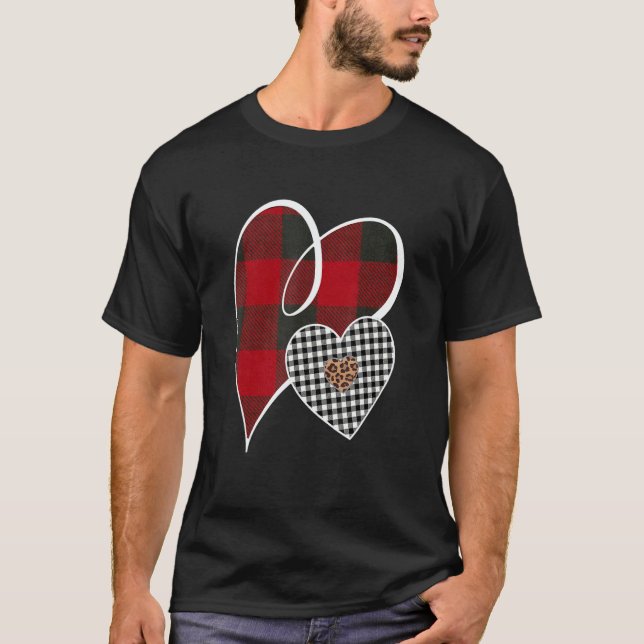 Hearts Buffalo Plaid Red White Leopard Heart Valen T-Shirt (Front)