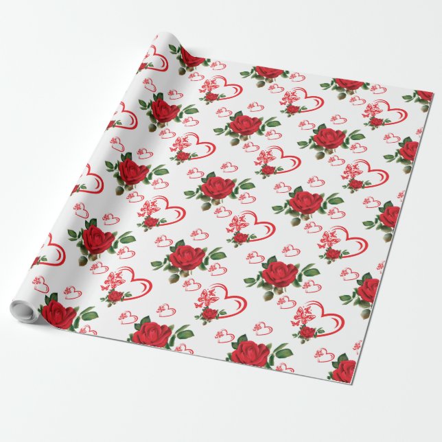 Hearts Butterflies and Flowers Wrapping Paper (Unrolled)