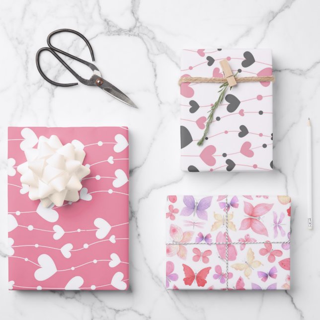 Hearts Butterflies Pink White Gray Wrapping Paper Sheets (Front)