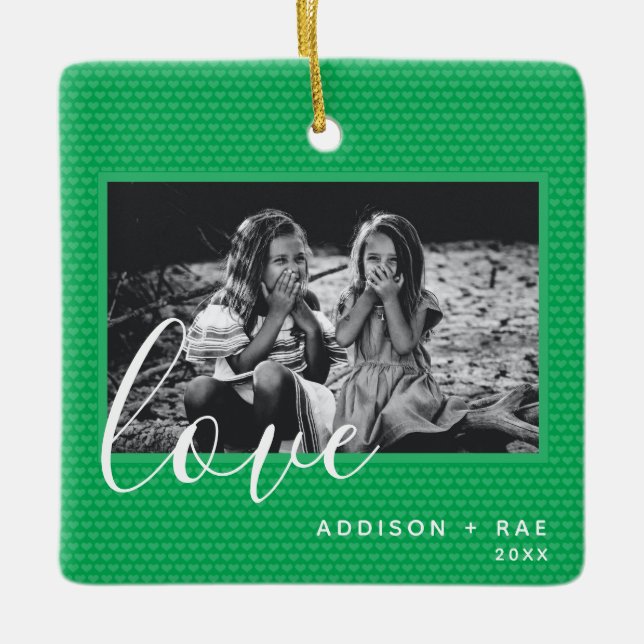 Hearts Christmas Holiday Green Custom Photo Ceramic Ornament (Front)