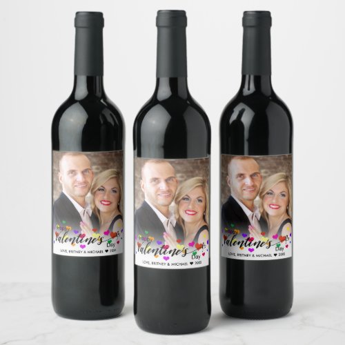 Hearts Colorful Valentines Day Typography Photo Wine Label