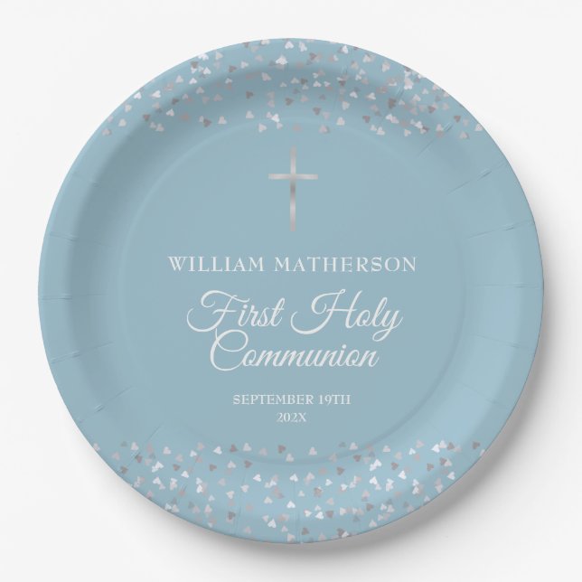 Hearts Confetti First Holy Communion Paper Plates (Front)