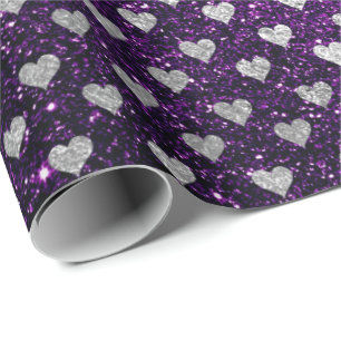 Hearts Confetti Silver Gray Glitter Purple Plum Wrapping Paper
