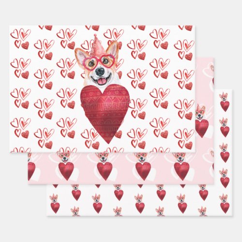 Hearts Corgi Dog Lover Valentines Gift Wrapping Paper Sheets