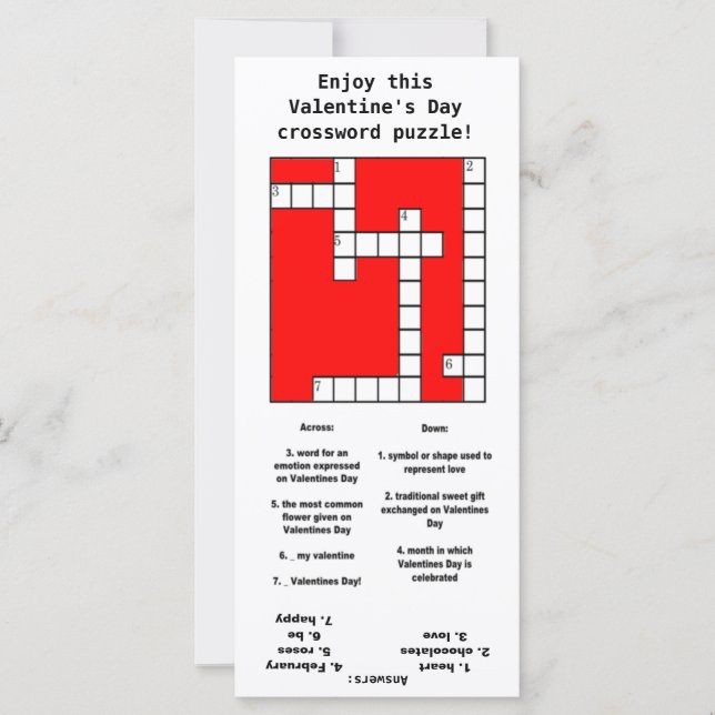 Hearts Crossword Puzzle Kids Valentines Day Cards (Front)