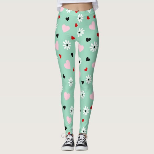 Hearts  Daisies on Mint Green Design  Leggings