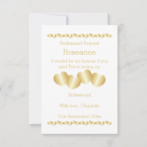 Hearts Design Gold Coloured Bridesmaid Request Invitation