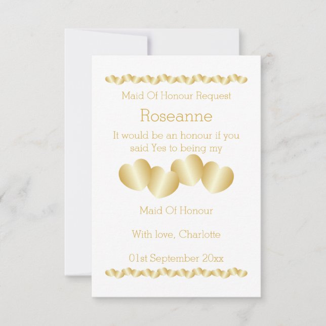 Hearts Design Gold Coloured Maid Of Honour Request Invitation (Front)