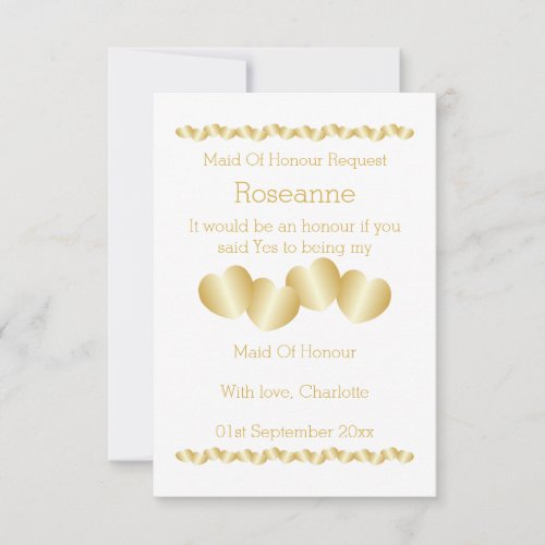 Hearts Design Gold Coloured Maid Of Honour Request Invitation