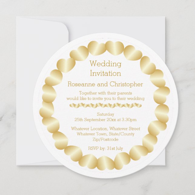 Hearts Design Gold Coloured Wedding Invitation (Front)