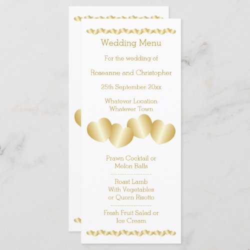 Hearts Design Gold Coloured Wedding Menu