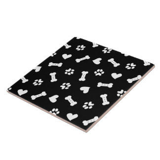 Hearts Dog Paws And Bones Black Ceramic Tile