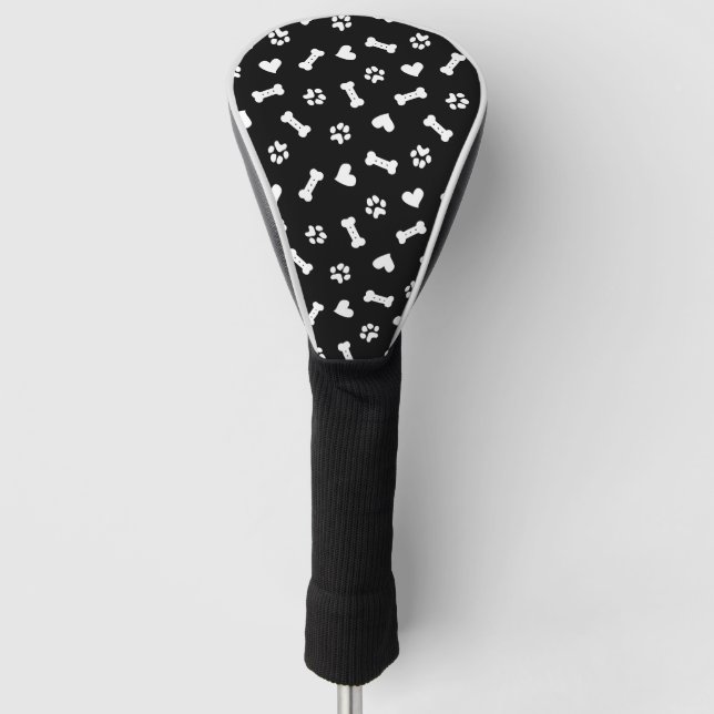 Hearts Dog Paws And Bones Black  Golf Head Cover (Front)