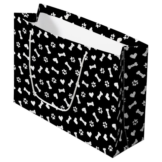 Hearts Dog Paws And Bones Black     Large Gift Bag (Front Angled)