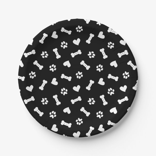 Hearts Dog Paws And Bones Black  Paper Plates (Front)