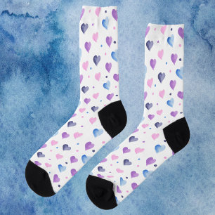 Hearts Dots Watercolor Pattern Pink Blue Purple Socks