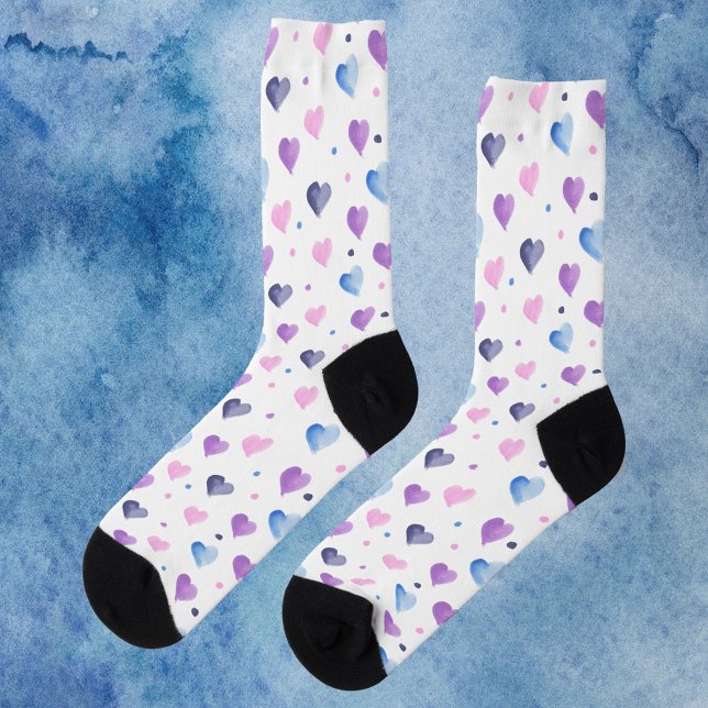 Hearts Dots Watercolor Pattern Pink Blue Purple Socks (A pair of socks with a watercolor heart pattern done in pink, blue and purple)