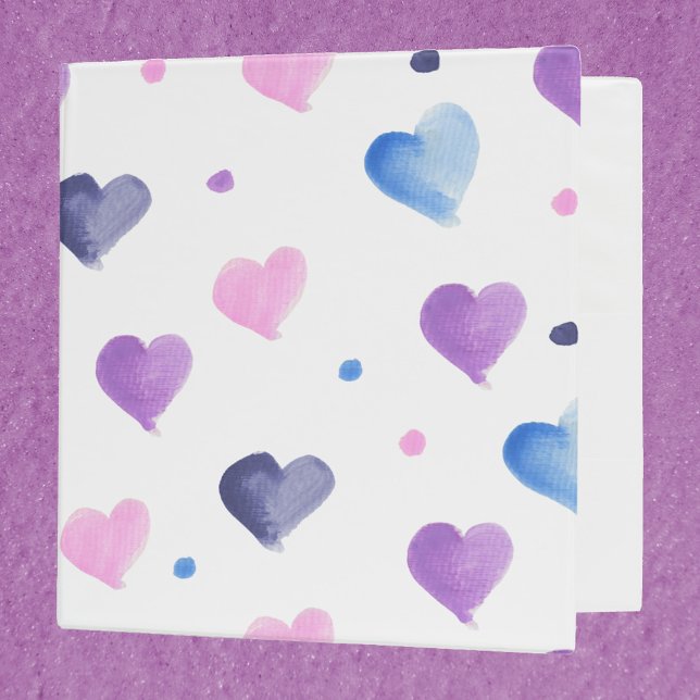Hearts Dots Watercolor PInk Blue Purple 3 Ring Binder (A binder with a pattern of watercolor hearts & dots done in pink, purple and blue)