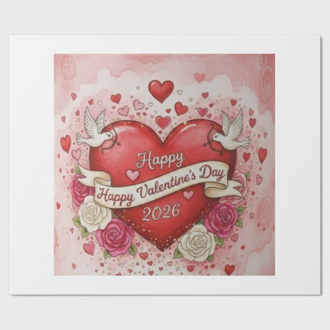 Hearts & Doves - valentine's Day 2026 Design Wrapping Paper (Flat)