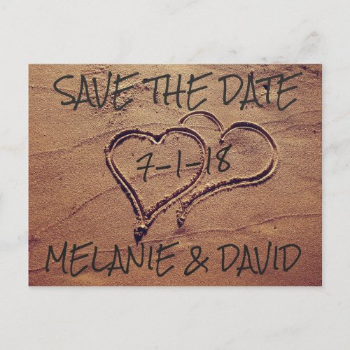 Hearts Drawn in Beach Sand Save the Date Postcard