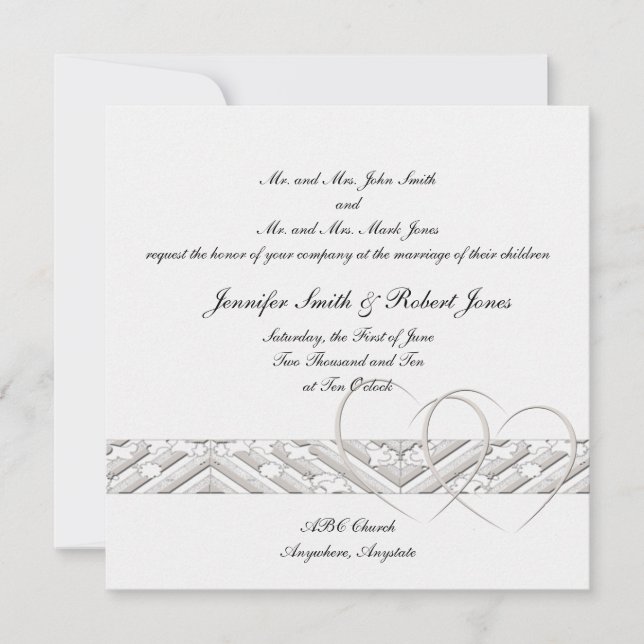 Hearts Entwined in White Silver Wedding Invitation (Front)