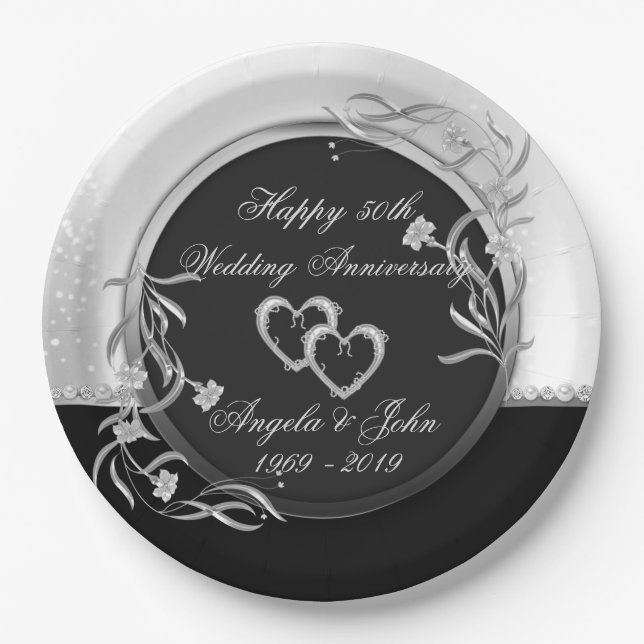 Hearts,Floral Silver Wedding Anniversary Paper Plates (Front)