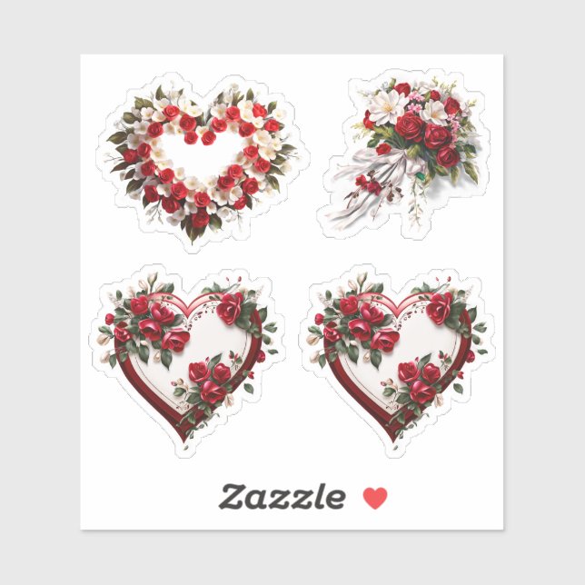 Hearts Floral Wedding Flowers Vinyl Stickers (Sheet)