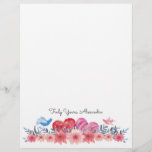 Hearts, Flowers, and Tiny Birds | So Cute Letterhead<br><div class="desc">Totally sweet watercolor striped and polka dot hearts and tiny birds of pink,  blue,  and white,  alighting on a garland of fluffy pink pastel flowers,  accented by blue leafy sprigs,  create a light hearted,  playful mood for anyone who sees them or receives them.</div>