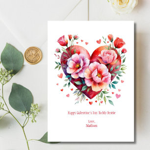 Hearts Flowers Pink Red Galentine Valentine's Day Holiday Card