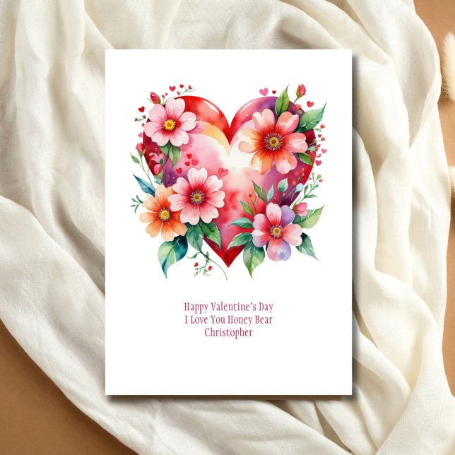 Hearts Flowers Pink Red Valentine Galentine Day Holiday Card (Hearts and Flowers Valentine's Day Galentine's day Card. Printed or Digital)
