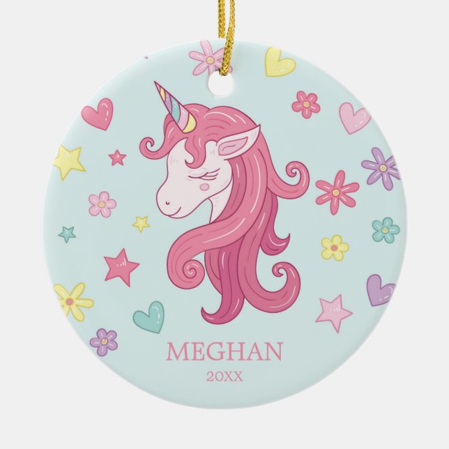 Hearts & Flowers Unicorn Christmas Ornament (Front)