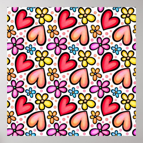 Hearts  Flowers Watercolor Valentine Pattern Poster