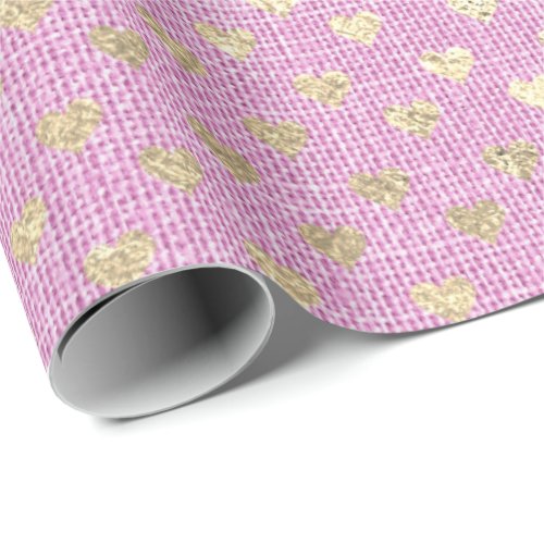 Hearts Foxier Gold Bright Lilac Pink Rose Linen Wrapping Paper