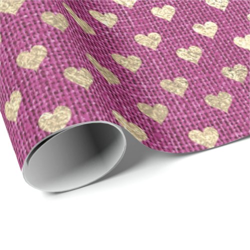 Hearts Foxier Gold Raspberry Rubin Pink Rose Linen Wrapping Paper