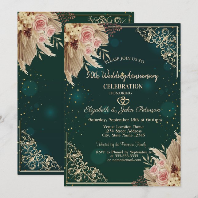 Hearts Frame Flowers Green Wedding Anniversary  Invitation (Front/Back)