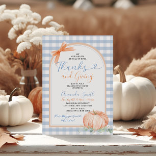 Hearts Full of Thanks Giving Blue Gingham Dinner Invitation