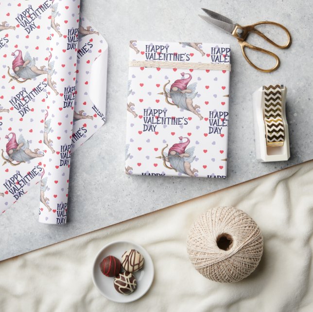 Hearts Funny Valentine Cupid Gnome Pattern Wrapping Paper (Crafts)