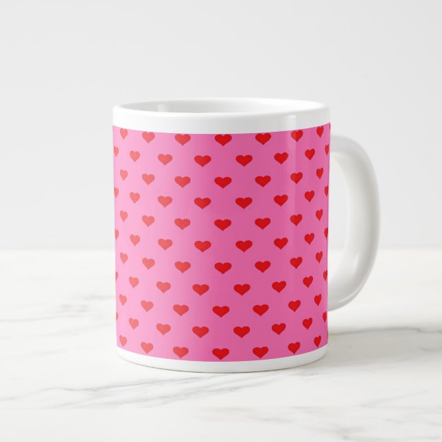 Hearts Galore, red hearts on pink, Giant Coffee Mug (Front Right)
