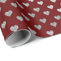 Hearts Glam Silver Burgundy Maroon Wrapping Paper
