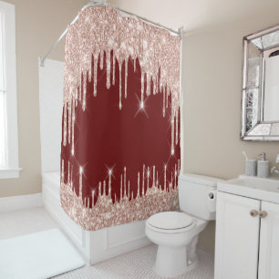 Hearts Glitter Drips Pink Rose Burgundy BORDEAUX Shower Curtain